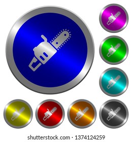 Chainsaw icons on round luminous coin-like color steel buttons