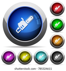 Chainsaw icons in round glossy buttons with steel frames