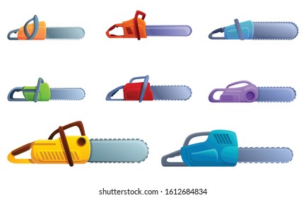 Chainsaw icons set. Cartoon set of chainsaw vector icons for web design