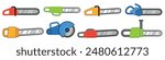 Chainsaw icons set. Set of colorful chainsaws featuring both electric and gasoline powered models, ideal for illustrations related to forestry, woodworking, or construction