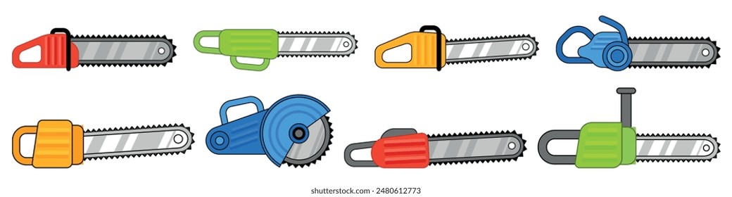 Chainsaw icons set. Set of colorful chainsaws featuring both electric and gasoline powered models, ideal for illustrations related to forestry, woodworking, or construction