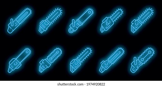 Chainsaw icons set. Outline set of chainsaw vector icons neon color on black