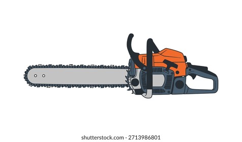 Chainsaw illustration features an orange and dark gray body with a long guide bar and sharp chain, representing powerful logging and tree felling tasks for industrial or personal use.