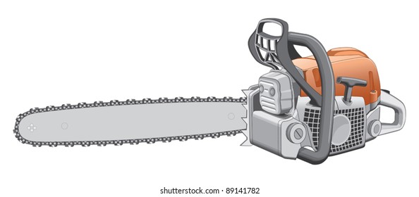 Chainsaw is an illustration of a heavy duty chainsaw used to cut and trim trees and firewood.