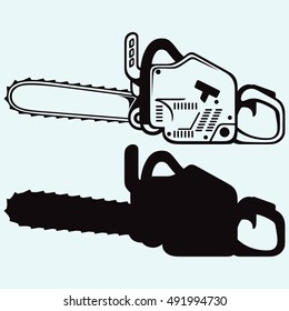 Chainsaw. Isolated on blue background. Vector silhouettes