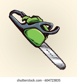 Chainsaw isolated on white background. Bright color hand drawn picture sketchy in retro scribble style. Closeup with space for text