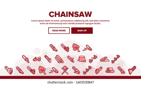 Chainsaw Landing Web Page Header Banner Template Vector. Gasoline Chainsaw Woodworking Industry Equipment, Broken Chain And Firewood Illustration