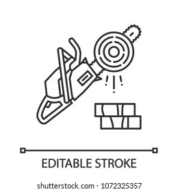 Chainsaw linear icon. Logging. Thin line illustration. Petrol-driven power chainsaw. Contour symbol. Vector isolated outline drawing. Editable stroke