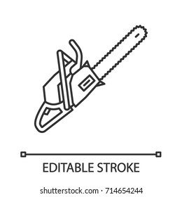 Chainsaw linear icon. Thin line illustration. Petrol-driven power chainsaw. Contour symbol. Vector isolated outline drawing. Editable stroke