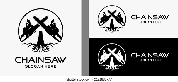 chainsaw logo design template in silhouette with tree icon in circle. premium vector logo illustration