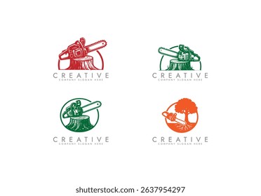 chainsaw logo tool ,Chainsaw and Tree Stump Emblem vector illustration logo design