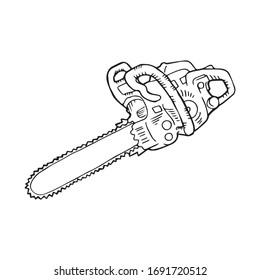 Chainsaw machine, hand drawn outline illustration. Power tool for wood cutting cartoon drawing and simple symbol. Mechanic motor cutter powered on fuel. Construction worker device and equipment logo.
