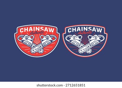 Kettensäge Maschine Retro Badge Logo Design-Set für Holzbearbeitung. Holzschnitt Säge Vintage Emblem Illustrationspaket für Zimmerei. Kettensäge Schneidewerkzeug rustikale Patch Element Design für Holzfäller