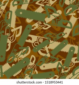 Patrón militar de Chainsaw sin fisuras. fondo del ejército de la herramienta lumberjack. Textura protectora verde. Ornamento de soldado cazador