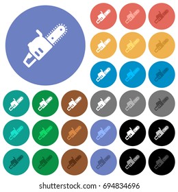 Chainsaw multi colored flat icons on round backgrounds. Included white, light and dark icon variations for hover and active status effects, and bonus shades on black backgounds.