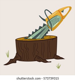 Chainsaw on stump isolated on a background. Woodworking tools icon. Vector cartoon illustration of a saw.