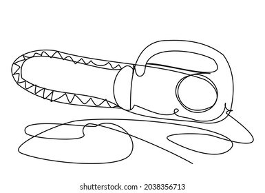 Chainsaw in one line on a white background. Stock vector illustration with lumberjack tool. Work at the sawmill. Doodle image with a saw. Editable stroke.