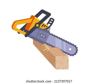 chainsaw sawing a block of wood. wood processing. flat vector illustration.