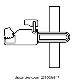 Chainsaw sawing board woodchopper concept lumberjack arborist cutting deforestation prunes sprinking contour outline line icon black color vector illustration image thin flat style