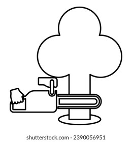 Chainsaw sawing board woodchopper concept lumberjack arborist cutting deforestation prunes sprinking contour outline line icon black color vector illustration image thin flat style