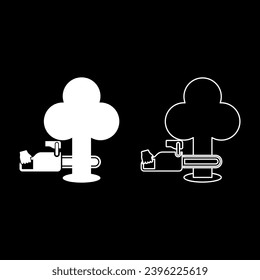 Chainsaw sawing board woodchopper concept lumberjack arborist cutting deforestation prunes sprinking set icon white color vector illustration image solid fill outline contour line thin flat style