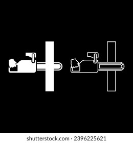 Chainsaw sawing board woodchopper concept lumberjack arborist cutting deforestation prunes sprinking set icon white color vector illustration image solid fill outline contour line thin flat style