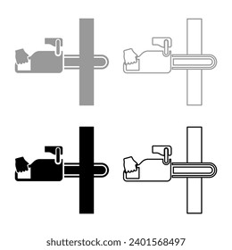 Chainsaw sawing board woodchopper concept lumberjack arborist cutting deforestation prunes sprinking set icon grey black color vector illustration image solid fill outline contour line thin flat style