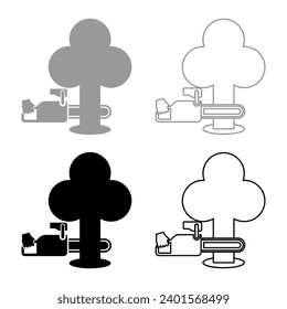 Chainsaw sawing board woodchopper concept lumberjack arborist cutting deforestation prunes sprinking set icon grey black color vector illustration image solid fill outline contour line thin flat style