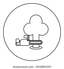 Chainsaw sawing board woodchopper concept lumberjack arborist cutting deforestation prunes sprinking icon in circle round black color vector illustration image outline contour line thin style