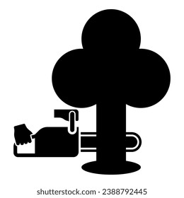 Chainsaw sawing tree woodchopper concept lumberjack arborist cutting deforestation prunes sprinking icon black color vector illustration image flat style simple