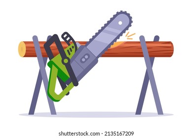 chainsaw saws a wooden log for firewood. lumberjack work. flat vector illustration.