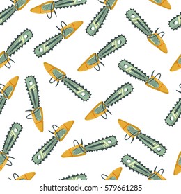 Chainsaw seamless pattern. Woodworking tools on a white background. Vector cartoon illustration.