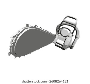 A chainsaw is shown with its chain missing. The chainsaw is a tool used for cutting wood and has a sharp, serrated blade. Concept of danger and destruction