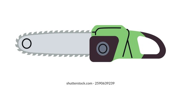 Chainsaw shown in flat graphic style isolated on white background. Concept of woodworking and forestry. Vector illustration