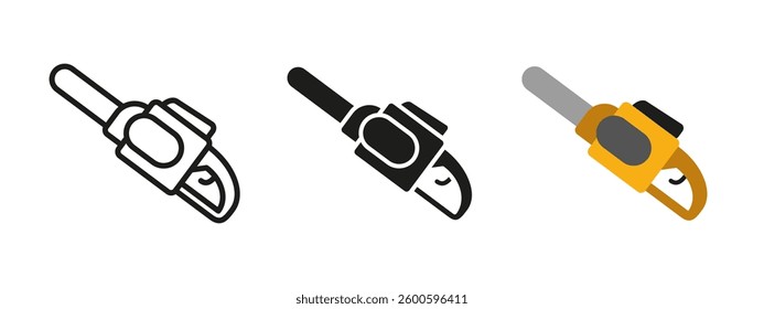 Chainsaw tool icon. Electric cutting vector illustration. Powerful device for wood cutting, forestry and DIY projects. Used in logging, tree trimming and industrial applications.