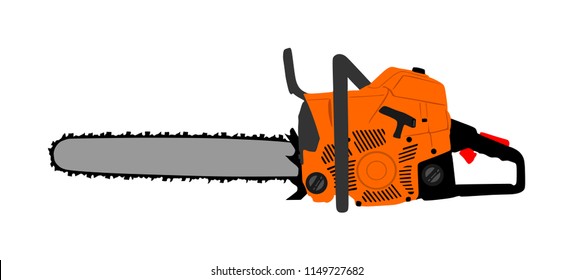 Chainsaw vector illustration isolated on white background. Hard industry job equipment for strong man. Professional machine. Lumberjack tool. Woodcutter saw. Wood forester cutter.