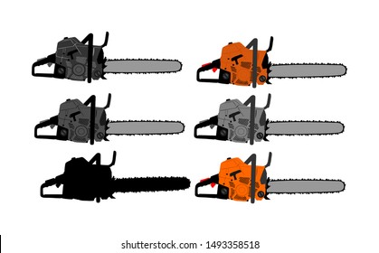 Chainsaw vector illustration isolated on white background. Hard industry job equipment for strong man. Professional machine. Lumberjack tool. Woodcutter saw. Wood forester cutter.