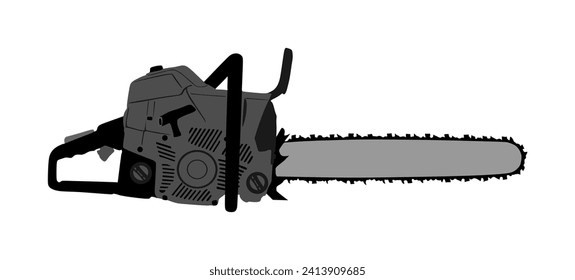 Chainsaw vector illustration isolated on white background. Hard industry job equipment for strong man. Professional machine. Lumberjack tool. Woodcutter saw. Wood forester cutter.