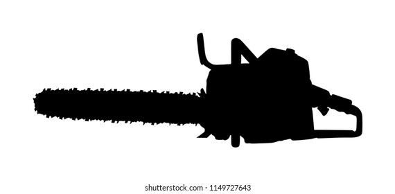 Chainsaw vector silhouette illustration isolated on white background. Hard industry job equipment for strong man. Professional machine. Lumberjack tool. Woodcutter saw. Wood forester cutter.