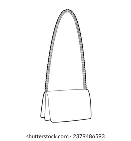 Chain-Strap Cross-Body Bag baguette silhouette bag. Fashion accessory technical illustration. Vector satchel front 3-4 view for Men, women, unisex style flat handbag CAD mockup sketch outline isolated