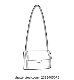 Chain-Strap Cross-Body Bag baguette silhouette. Fashion accessory technical illustration. Vector satchel front 3-4 view for Men, women, unisex style, flat handbag CAD mockup sketch outline isolated