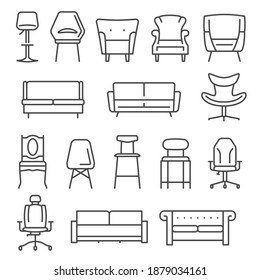 Chair, armchair, sofa thin line icons set isolated on white. Furniture, seat, settee outline pictograms collection. Couch, stool, pouf, home and office interior vector elements for infographic, web.