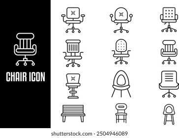 Chair, armchair, sofa thin line icons set isolated on white. Furniture, seat, settee outline pictograms collection. Couch, stool, pouf, home and office