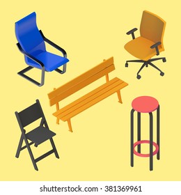 Chair, armchair, stool, bench, furniture vector isometric set. Interior collection element. Office home bar restaurant furniture set chair seat armchair stool lounge element flat 3d isometry 