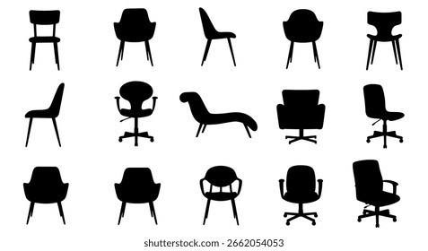 Conjunto de iconos de Vector de silla y sillón de siluetas negras sólidas para muebles, decoración del hogar y conceptos de diseño de interiores.