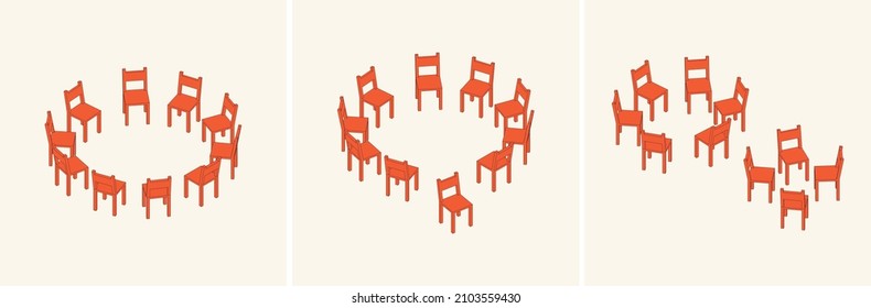 Chair Arrangement (Group, Disagree, Partition) Vector Illustration Symbolic isolated isometric abstract concept red chair idea democracy simple explanation set discussion conference