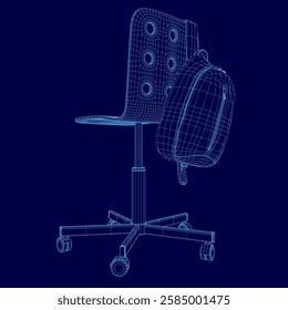 A chair with a backpack on it. The chair is blue and the backpack is blue. The chair is designed to look like a 3D model