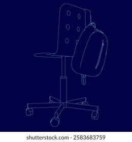 A chair with a backpack on it. The backpack is on the chair's back. The chair is blue