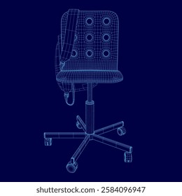 A chair with a backpack on it, is shown in a blue color design. The chair is made of metal and has wheels. The chair is designed to be a modern and sleek piece of furniture