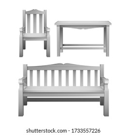 Chair, bench and table, a set of outdoor wooden furniture in white. Decorative furniture for decoration of the garden, cafe and courtyard